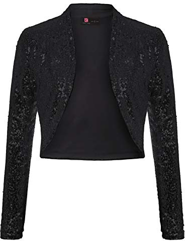 KANCY KOLE Women’s Sequin Bolero Cardigan Long Sleeve Open Front Cropped Bolero Shrug for Evening Dresses (Black,S)