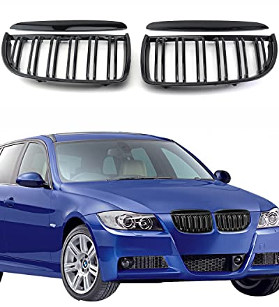 TOPTHAN Rejilla de radiador adecuada para BMW E90 E91 año de fabricación 2005 – 09/2008 Brillante radiador frontal doble costillas parrilla brillante riñón doble puente negro