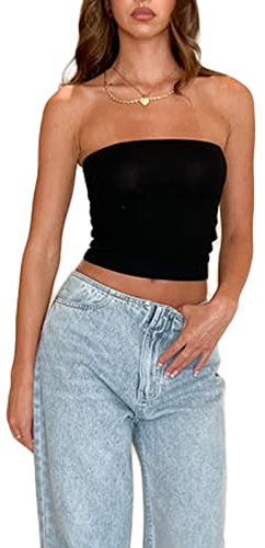 Damen Schulterfrei Tube Top Y2K Crop Top Sommer Ärmellos Vintage Top Slim Sexy Crop Top Elegant Oberteil Aesthetic Clothes für Frauen Mädchen (F Schwarz, S)