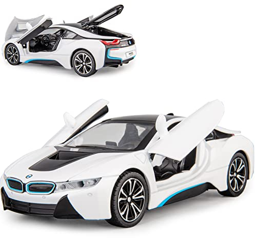 TGRCM-CZ 1/24 BMW I8 Modellauto, Zinklegierung, Rückzieh-Spielzeugauto mit Sound und Licht, für Kinder, Jungen, Mädchen, Geschenk (weiß)