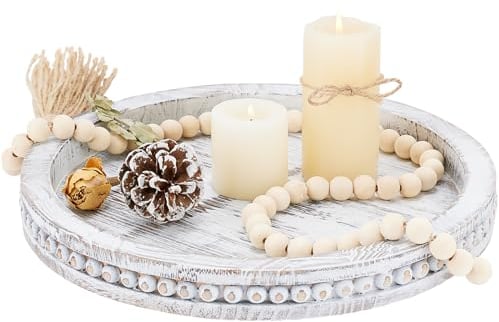 SimpleArt Wooden Decorative Coffee Table Tray with Wood Beaded Whitewashed Farmhouse Serving for Candle Holder, Rustic Home Decor, Kitchen Countertop