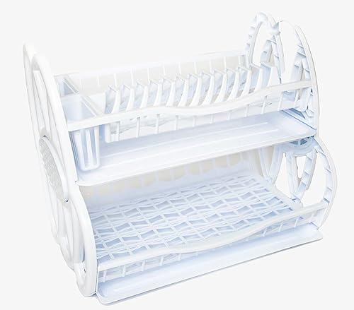 Best House Double Plastic Dish Rack, 2 Tier Double Dish Drainer Rack Large Plate Cutlery Cup Holder Plastic Trays - Pack of 1 (White)