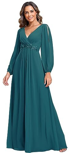 Ever-Pretty Damen Stilvolle Chiffon V-Ausschnitt Applique Plus Size Abendkleider mit Langen Laternenärmeln Blau-Grün 40