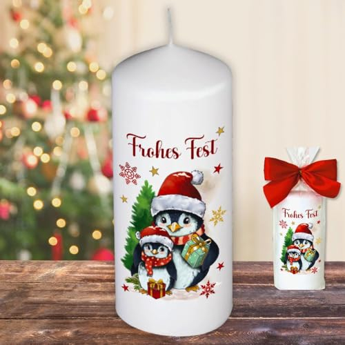 Weihnachtskerze Stumpenkerze – Frohes Fest Pinguin - Kerze in Geschenkverpackung mit Schleife zu Weihnachten | moderne Motive auf Tattoofolie Schiebefolie