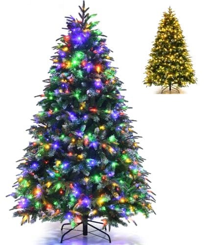 COSTWAY 5FT/6FT Pre-Lit Christmas Tree, Hinged Artificial Xmas Tree with 250/350 LED Lights, 581/899 Leaves, Dual-Color Changing, 11 Flash Modes, Pine Cones and Red Berries, Festive Party Decor (6FT)