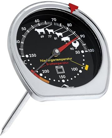 KÜCHENPROFI Braten- und Ofenthermometer, Edelstahl, verstellbarer Clip | schwarz, für Niedergarmethode geeignet, rostfreier Edelstahl, 30–250 °C Messbereich, verstellbarer Clip