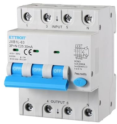 ETTROIT INTERRUTTORE MAGNETOTERMICO DIFFERENZIALE SALVAVITA PER BARRA DIN 4 MODULI 3P+N 380V 30mA 6KA (25A)