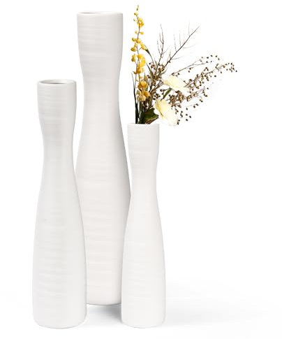 Vasen 3er Set - Keramik Vase Weiß, Matt, Modern, Minimalistisch - Deko Vasen für Pampasgras und Blumen, Handgefertigte Blumenvase