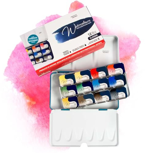 7 Artists Classic Aquarellfarben Rosa Gallery Set 12 x Näpfchen Lebendige Farben, Hochwertige Künstler-Aquarell im Mehrzweck-Metallkasten mit Mischpalette, Künstler Aquarellkasten, Aquarell Malkasten
