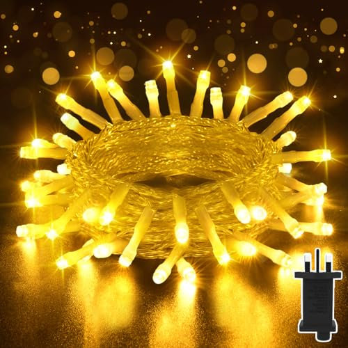Isisyu Fairy Lights Plug in, 33Ft/10M 100 LED Waterproof String Lights Mains Powered, Warm White Christmas Lights Indoor Outdoor with 8 Modes, Timer, Memory, Connectable for Garden Party Decorations