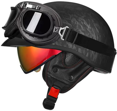 Demi Casque Moto Vintage Casques Jet avec Lunettes Casques Bols Mobylette Scooter Ouvert Casques Homologué ECEDOT Demi Casque Moto Rétro pour Adultes Homme Et Femme 15,S=55~56CM