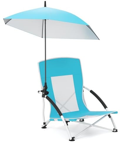COSTWAY Beach Umbrella Chair for Adults, Foldable Low Seat Camping Chair with Adjustable Parasol, Universal Umbrella Clamp and Armrest, Portable Outdoor Backpack Chairs (1, Blue)