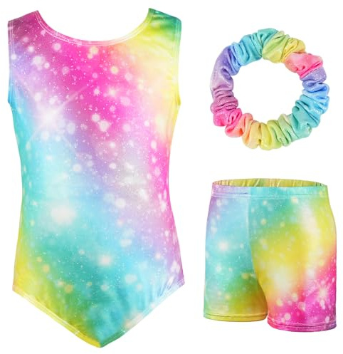 AOOWU Body da ginnastica per ragazze, a maniche lunghe, per bambini, con pantaloncini e fascia, colore sfumato, per danza classica, per bambini di 5-10 anni, Stelle arcobaleno., 9-10 Anni
