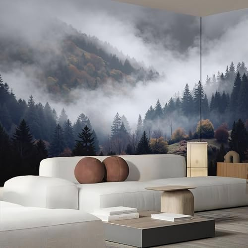Fototapete Surrealismus 3D Effekt Tapete, Nebel Wald Motiv Wandbild Seidenstoff Wandtapete, Wohnzimmer Schlafzimmer Kinderzimmer Wanddeko, Schwarz Weiß 250x175cm (B×H)