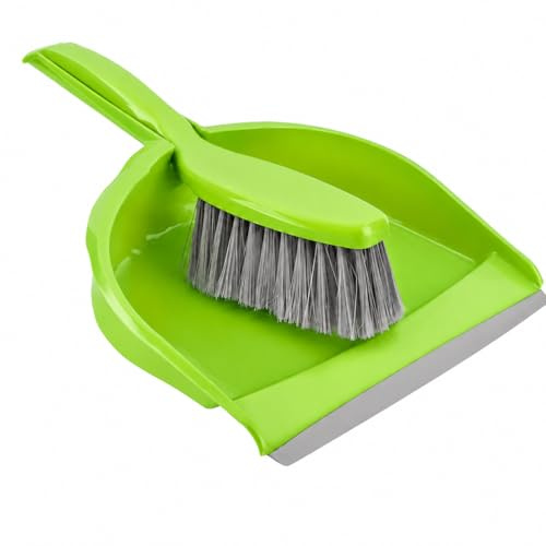 Dustpan and Brush Set, Soft Bristle Hand Brush with Rubber Lip Dust Pan, Compact Cleaning Brush and Pan for Kitchen, Floors, Crumbs, Pet Hair, Home Office & Car, Lightweight BPA Free (Green)