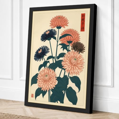 Dahlias and Foliage Japandi Canvas Wall Art Print 24x16 Inch | Ready to Hang, Gallery Wrapped, Fade-Resistant Inks, Securely Packaged, UK Made