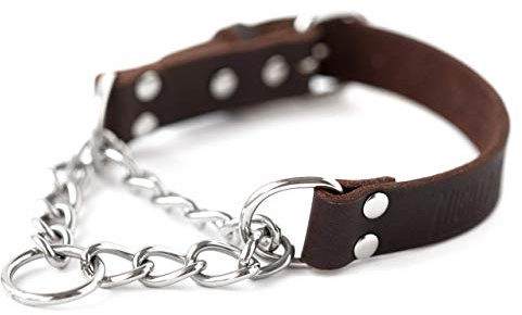 Mighty Paw Leather Martingale Dog Collar - Stainless Steel Chain Will Not Discolor & Is Corrosion Resistant - Limited Cinch - Safe & Effective Dog Training - Provide Controlled Training Cue - Comfort
