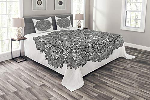 ABAKUHAUS Blatt Tagesdecke Set, Detaillierte Mosaik Om, Set mit Kissenbezügen Sommerdecke, für Doppelbetten 264 x 220 cm, Weiß Schwarz