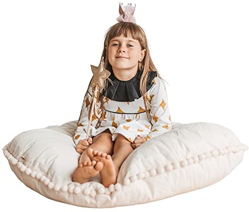 MINICAMP Large Floor Cushions for Kids - Ultra-Fluffy Bean Bag with Filling Included & Washable Cover - Floor Lounger Reading Pillow for Toddlers & Teens - 100% Certified Cotton - 40” Wide!