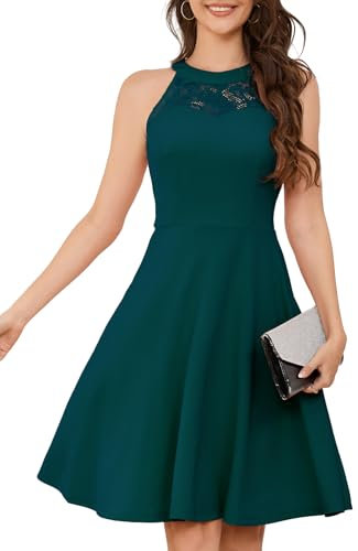 Bbonlinedress Robe de Soirée Cocktail Femme Halter Vintage pour Mariage Fête Bal Anniversaire Resto Evènement Sortie A Ligne Longueur au Genou Turquoise L