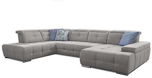 Cavadore Wohnlandschaft Mistrel mit verstellbaren Kopfteilen / Sofagarnitur mit leichter Fleckentfernung dank Soft Clean / Geeignet für Haushalte mit Kindern, Haustieren /343 x 77 x 228 / hellgrau