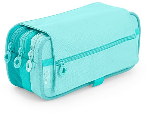 office box Estuche Triple Blush Pastel el Original- Porta Lápices de 3 Grandes apartados con Cierres de Cremallera, Múltiples Bolsillos y Horario e identificador. (Verde)