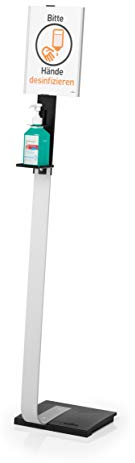 Durable 589223 Distributeur de Gel Hydroalcoolique Sur Pied avec Support d'Information A4, Compatible avec des Flacons Jusqu'à 88 x 88 x 215 mm, Argent