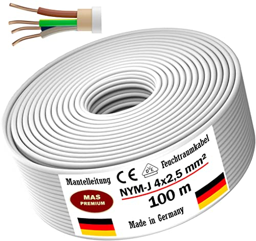 MAS-Premium Feuchtraumkabel Stromkabel von 5m bis 100m Mantelleitung NYM-J 4x2,5 mm² Elektrokabel Ring für feste Verlegung (100 m)