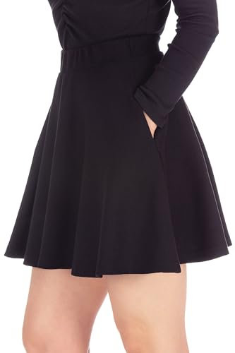 Basic Solid Stretchy Cotton High Waist A-Linie Ausgestellt Skater Mini Rock, Mit Taschen, schwarz, Mittel