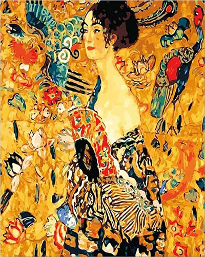 Amiiba Kit de peinture par numéros - Motif femme avec éventail - Gustav Klimt - Peinture acrylique par numéro - 40,6 x 50,8 cm - Décoration murale - (Lady, sans cadre)