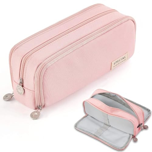 SeBeLi Pencil Case, Big Capacity 3 Compartments Canvas Makeup Cosmetic Pouch for Teen Boys Girls School Students Office (Pink)