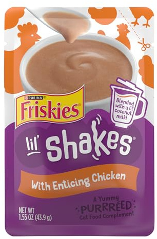 Purina Friskies Pureed Cat Food Topper, Lil’ Shakes With Enticing Chicken Lickable Cat Treats - (Pack of 16) 1.55 oz. Pouches