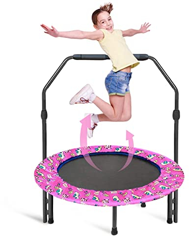 Trampolino Elastico per Bambini Ø91cm, Trampolino Elastico Pieghevole con Manico in Schiuma Regolabile, Mini Tappeto Elastico Bambini, Saltarello per Bambini da Interno ed Esterno(Rosa)
