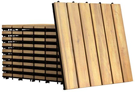 GOPLUS Lot de 10 Dalles,0,9 m² Dalles en Bois d’Acacia Huilé Résistant à la Corrosion avec Base en PVC, Plancher d'Exterieur Emboitable pour Terrasse, Jardin, Piscine, Balcon30 x 30CM (Barreau)