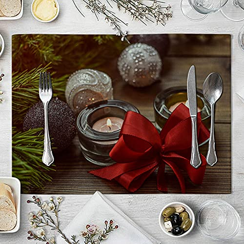 KnSam Tischsets Weihnachten 2-Teiliges-Set, Weihnachtskugel und Kerze Band Platzmatten Baumwolle Leinen, Schmutzabweisend Platzsets Rot Braun Silber für Küche Hause Restaurant, 32x42cm