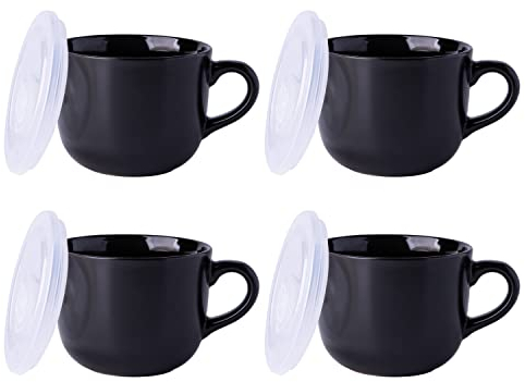 GBHOME Keramik-Suppentassen mit Deckel, 680 ml, Suppentassen mit Hanlde für Kaffee, Müsli, Salat, Nudeln, Tee, Suppenschüsseln, Tassen, 4er-Set, schwarz mit belüftetem Deckel