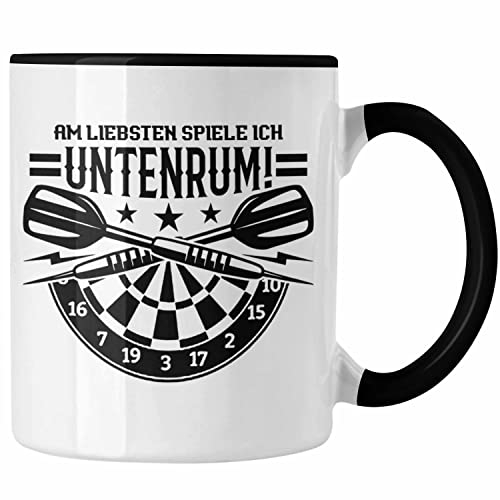 Trendation - Lustige Dart-Spieler Tasse Spruch Am Liebsten Spiele Ich Untenrum Geschenk (Schwarz)