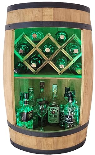 WEECO Barile in legno con portabottiglie con luci a LED RGB, Porta vino, Casa bar, Portabottiglie per whiskybar, regalo per uomo, Botte in legno per bottiglie di alcolici, Botte Di whisky Grappa 80cm