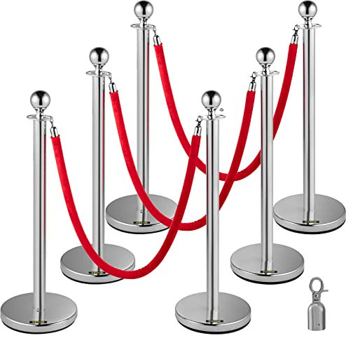 VEVOR Poteau de Guidage 6PCs 95 cm, Barrière de Balisage pour Contrôle de Foules avec 3 Cordes en Velours Rouge 1,5 m, pour Délimitation Séparation File d'Attente en Public École Théâtre Exposition