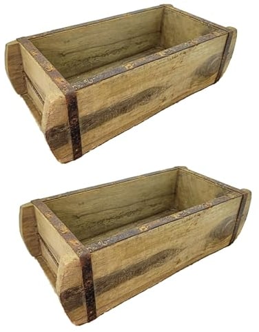 MC-Trend 2 Stück Ziegelsteinform aus Holz – rustikale Holzkiste zum Bepflanzen – Altholz Blumenkasten – Backsteinform mit Metallbeschlägen – jedes Stück ein Unikat – Holz Zieglform