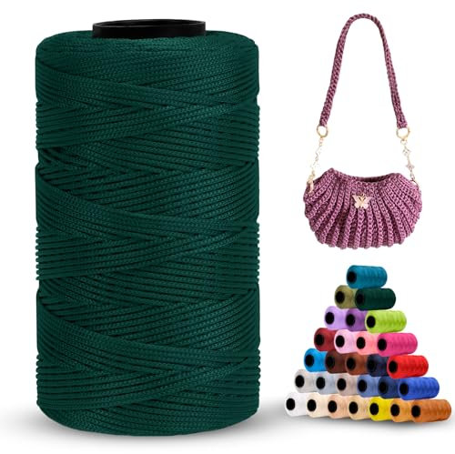 LEREATI Polyester Macrame Cord 1mm x 230m, Polyester Yarn for Crocheting, Braided Polypropylene Crochet Bag Cord Macrame Yarn for Handbag, Beading, DIY Crafts (Dunkelgrün)