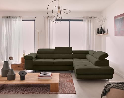 Bestmobilier Zaria – Ecksofa rechts – mit Schlaffunktion und Bettkasten sowie verstellbaren Kopfstützen – 5-Sitzer – aus Cord Grün