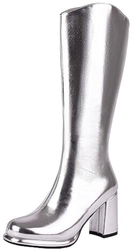 Stivali Alti al Ginocchio da Donna con Specchio Metallizzato,Stivali da Cavaliere con Punta Tonda Argento Oro Moda con Tacco Alto,Stivali Occidentali Sexy con Cerniera,Argento,41 EU