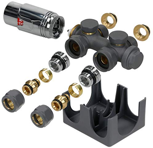 LuxeBath Kit de Raccordement Robinetterie Multiblock, Anthracite, Universel d'angle et de Passage, avec Tête Thermostatique, pour Radiateur Salle de Bain avec Raccord Central, Garniture de Connexion