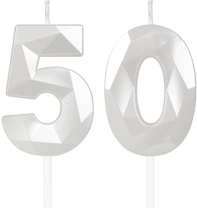 White 50th Birthday Candles for Cake, Number 50 Candle for 50th Birthday Decorations, 3D Design Cake Topper Decor for Boy Girl Women Men Birthday Theme Party Weddings Anniversary Celebration Supplies