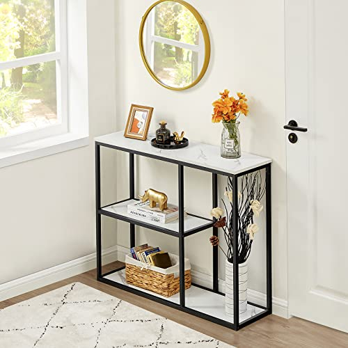 WOHOMO Console Table 30cm Narrow Hallway Table for Living Room 80cm Modern Industrial Sofa Table with 3-Tier Storage Shelves for Corridor, Entryway, White Marble
