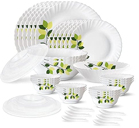 HIMANSH STORE Green Leaves Silk Series Opalware Dinner Set | 35 Pieces for Family of 6 | Microwave & Dishwasher Safe | Bone-Ash Free | Crockery Set for Dining & Gifting | Plates & Bowls | White