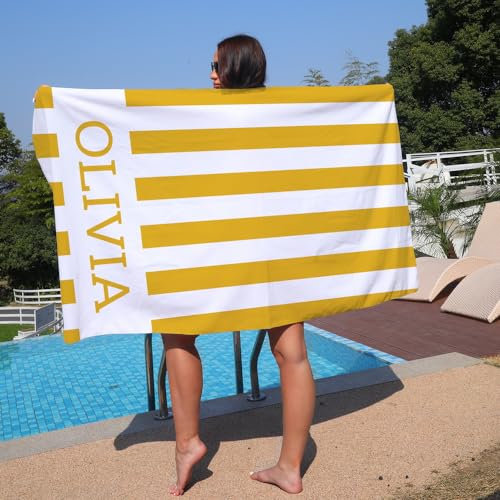 NIBESSER Toalla Personalizada con Nombre Toalla Playa Microfibra Antiarena Niña Niño 90x180 cm Toalla Piscina Mujer Hombre Cómoda Toalla de Playa Suave Ligera de Secado Rápido, Rayas Amarillo