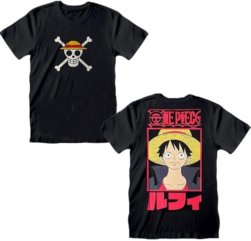 One Piece Characters Straw Hat T-Shirt - Boy's T-Shirt - Men's Shirt - Luffy Zoro Chopper - Official Anime Comics Manga Pirates Clothing (UK, Alpha, XS, Regular, Regular, Black)