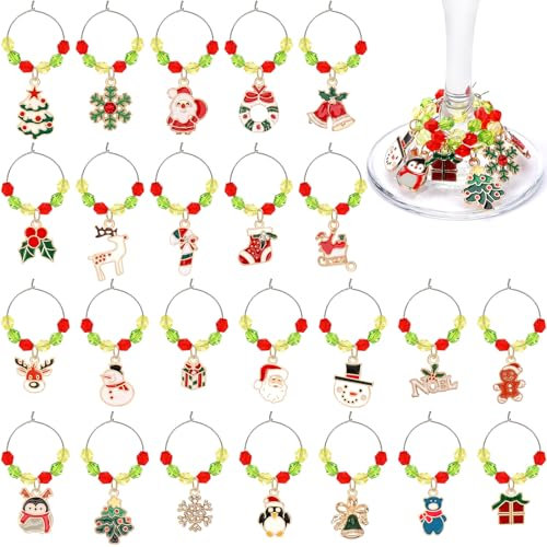 JUNEBRUSHS 24Pcs Christmas Wine Charms, Wine Glass Charms Stem Glasses Drink Markers Ring for Christmas Wine Accessories Party Favors Decorations